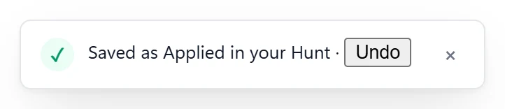 The extension's note after an application: Saved as Applied in your Hunt, with an Undo button.