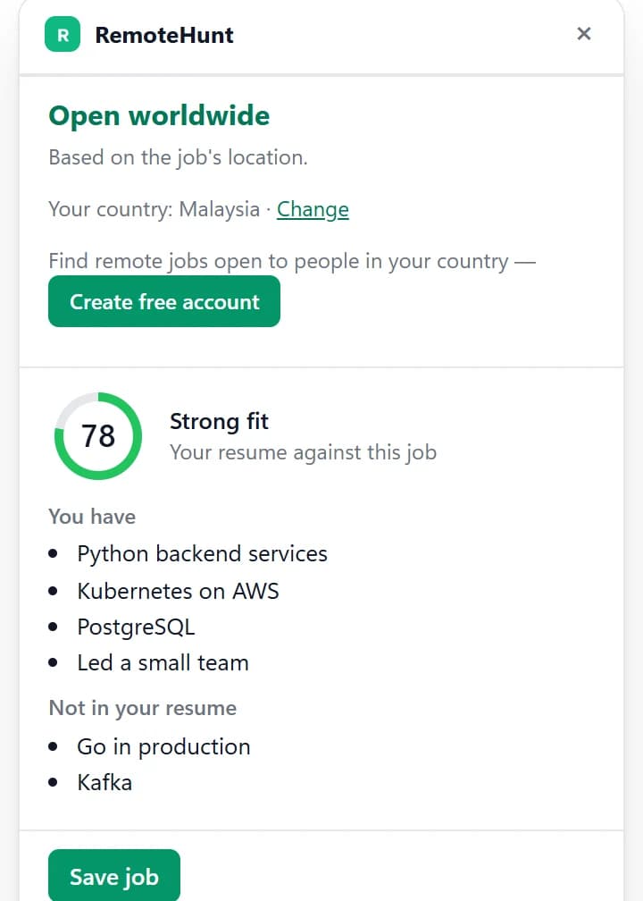 The extension's panel on a job page: Open worldwide, a fit of 78, the skills the resume has and the two it is missing.